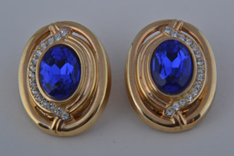 Gilt 1980's Clip On Earrings With Blue Stone And Diamanté